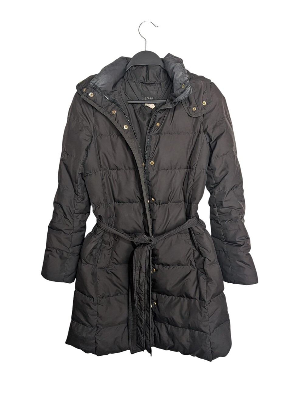 J. Crew Black Tie Waist Down Warm Cozy Winter Hooded Coat Size Small